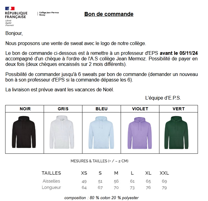 AS: vente de sweat avec le logo de notre collège